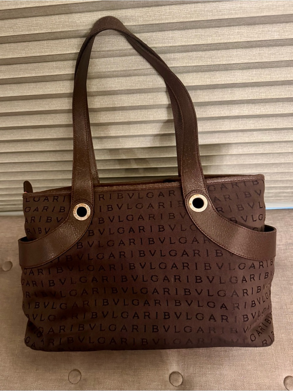 BVLGARI Brown Logo Monogram Tote with Leather Trim and Gold-Tone Eyelets